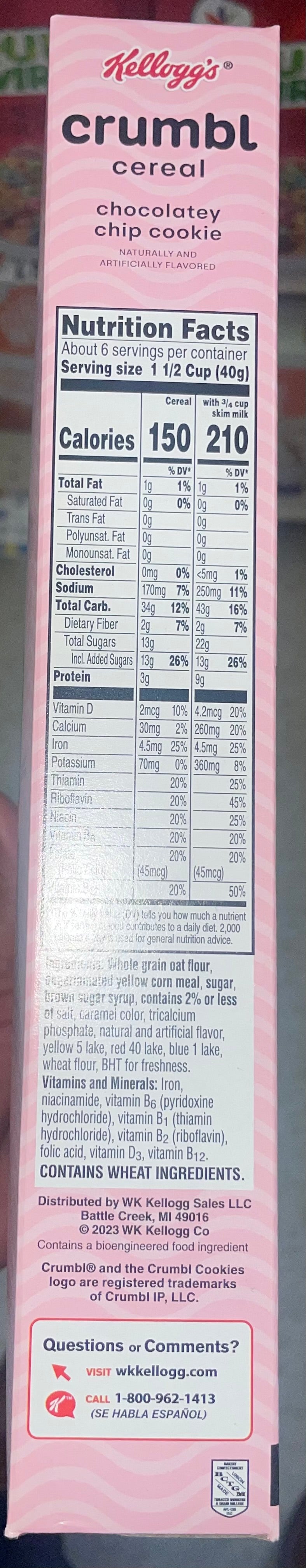 Crumbl Chocolatey Chip Cookie Cereal Kelloggs Chocolate Chips Limited Edition Snack Cold Cereal 223g Breakfast